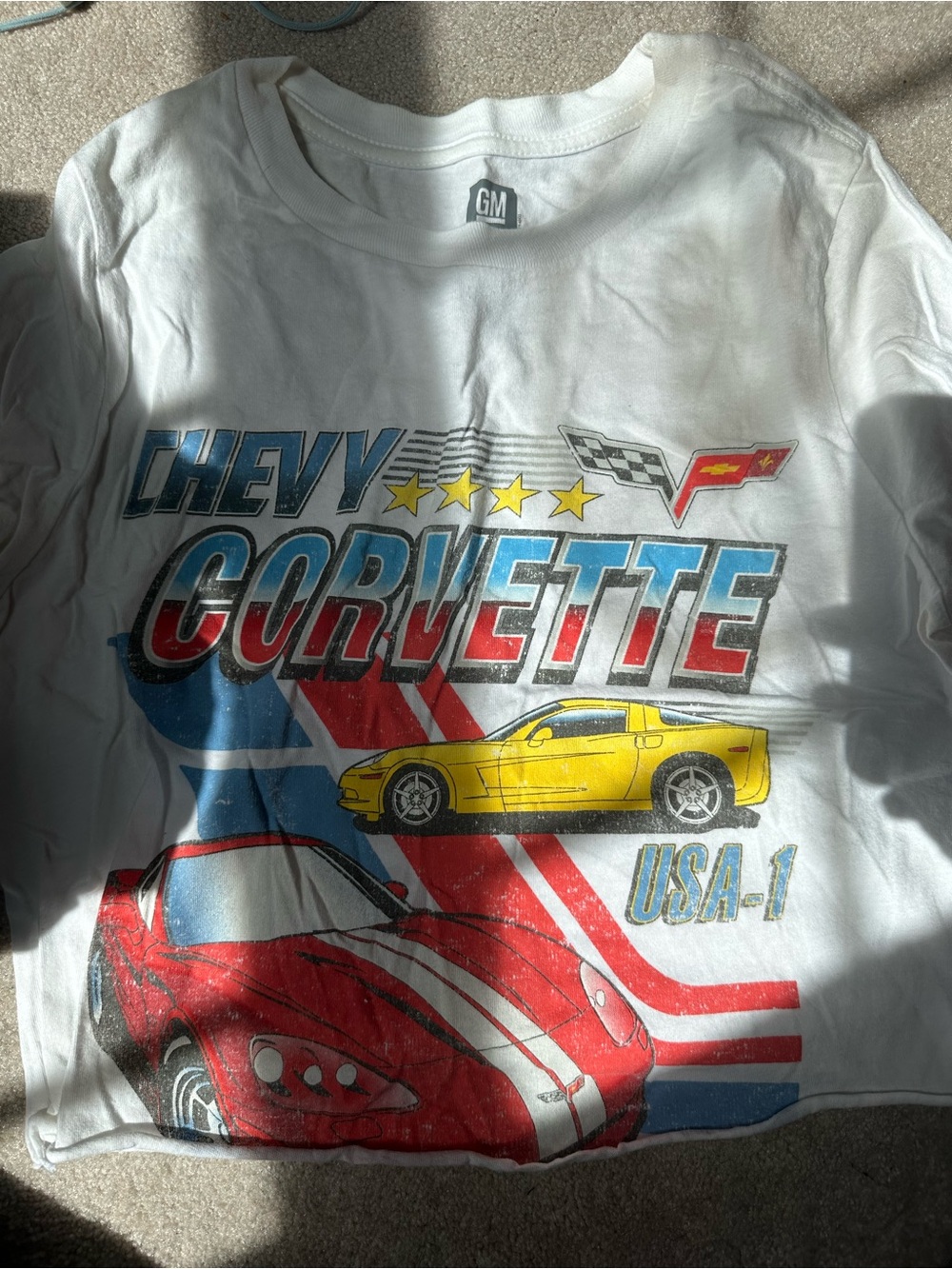 GM Chevy Corvette Graphic Tee - White with Red, Blue & Yellow